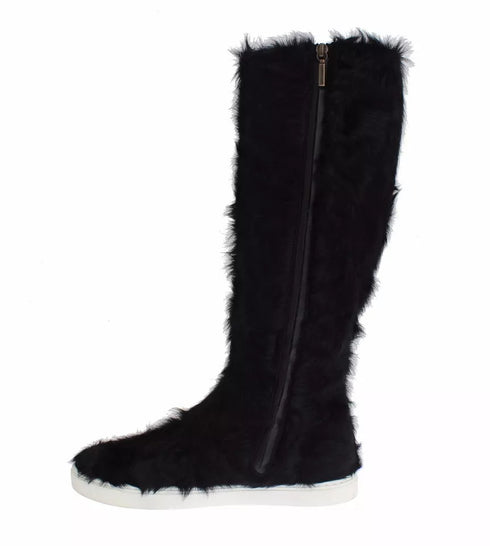 Dolce & Gabbana Xiangao Fur Flat Boots Black Leather Women’s