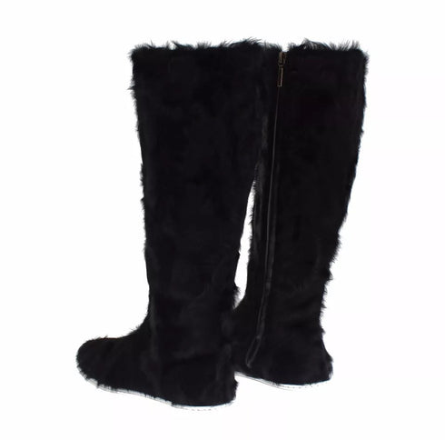 Dolce & Gabbana Xiangao Fur Flat Boots Black Leather Women’s