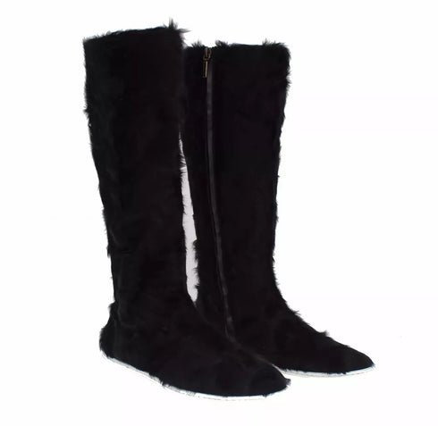 Dolce & Gabbana Xiangao Fur Flat Boots Black Leather Women’s