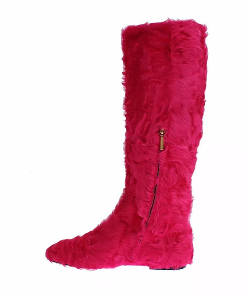 Dolce & Gabbana Pink Lamb Fur Leather Flat Boots for Women