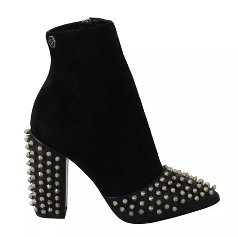 Philipp Plein Black Suede Studded Ankle Boots with Block Heels for Women