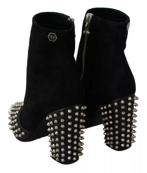 Philipp Plein Black Suede Studded Ankle Boots with Block Heels for Women