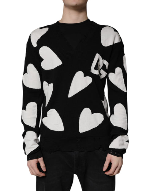 Dolce & Gabbana Black Hearts Silk Crew Neck Pullover Sweater