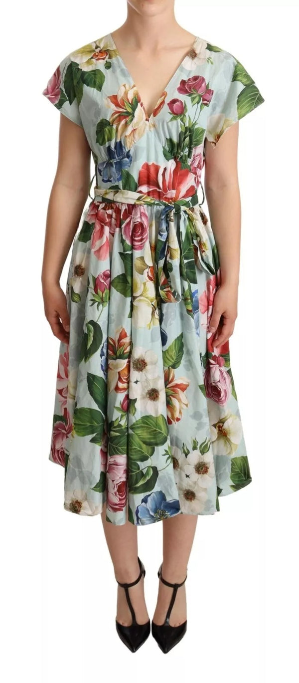 Dolce & Gabbana Green Floral Short Sleeves Cotton V-neck Dress