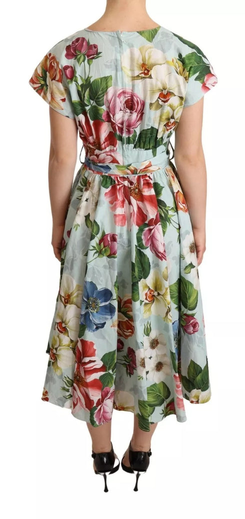 Dolce & Gabbana Green Floral Short Sleeves Cotton V-neck Dress