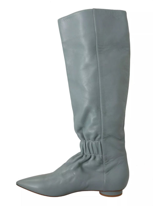 Valentino Blue Leather Pull-On Knee High Boots with Pointed Toe - Women’s
