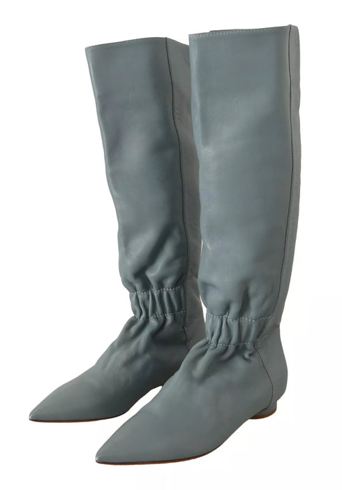 Valentino Blue Leather Pull-On Knee High Boots with Pointed Toe - Women’s