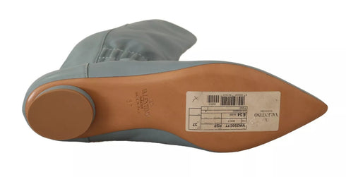 Valentino Blue Leather Pull-On Knee High Boots with Pointed Toe - Women’s