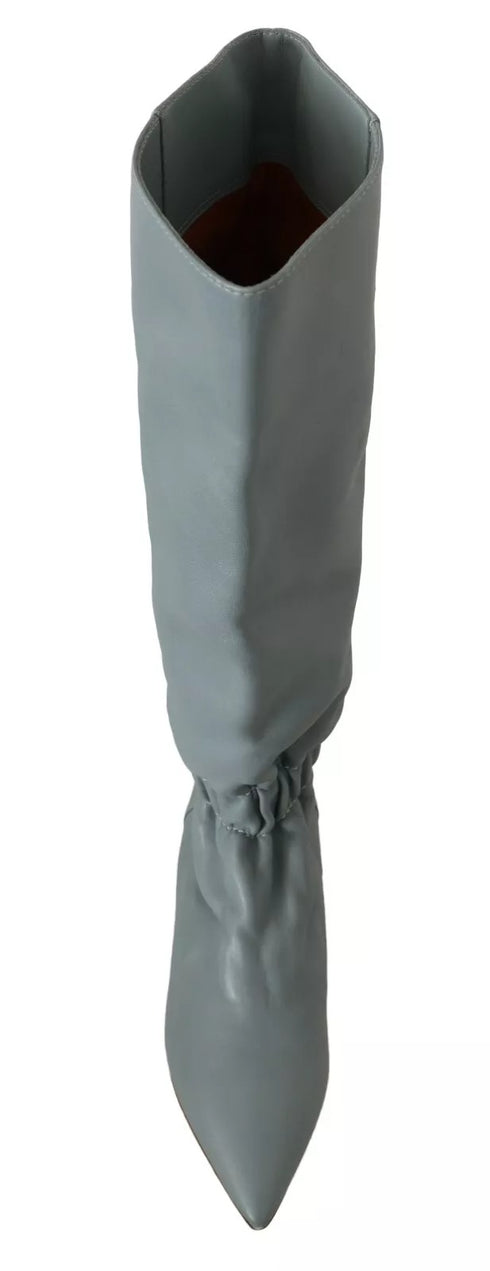 Valentino Blue Leather Pull-On Knee High Boots with Pointed Toe - Women’s