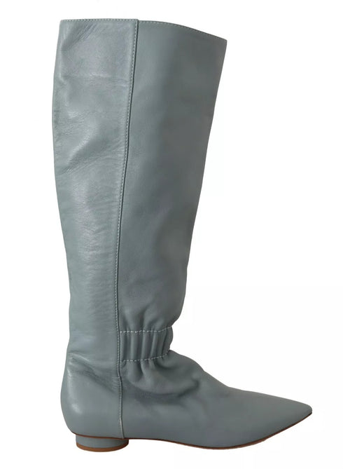 Valentino Blue Leather Pull-On Knee High Boots with Pointed Toe - Women’s