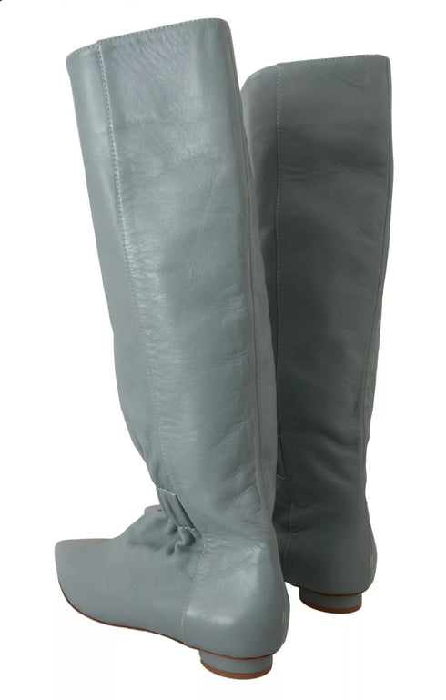 Valentino Blue Leather Pull-On Knee High Boots with Pointed Toe - Women’s
