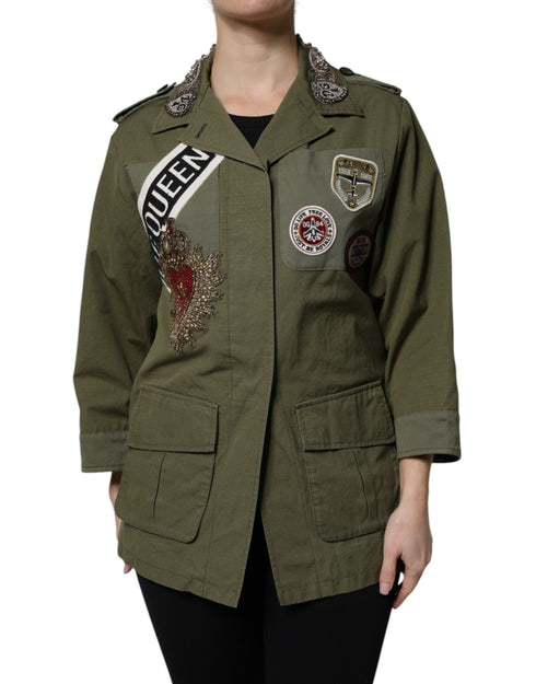 Dolce & Gabbana Military Green Queen Embellished Coat Jacket