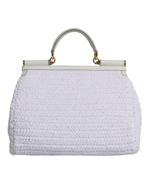 Dolce & Gabbana White Raffia and Leather Sicily Top Handle Crossbody Bag for Women