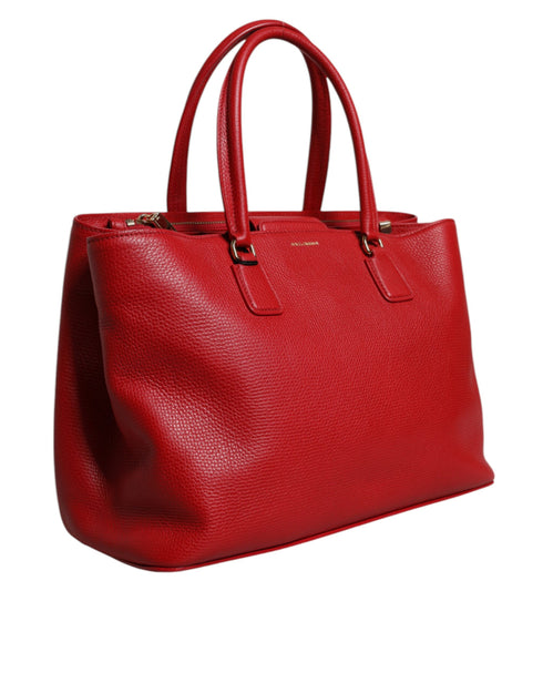 Dolce & Gabbana Red Calfskin Leather Tote Bag with Logo Plaque for Women