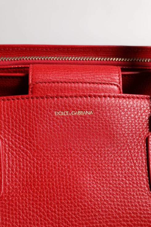Dolce & Gabbana Red Calfskin Leather Tote Bag with Logo Plaque for Women