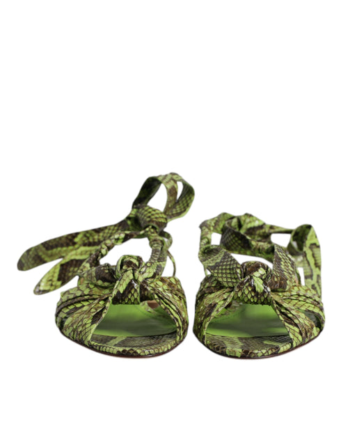 Dolce & Gabbana Green Python Animal Print Ankle Wrap Flat Sandals for Women