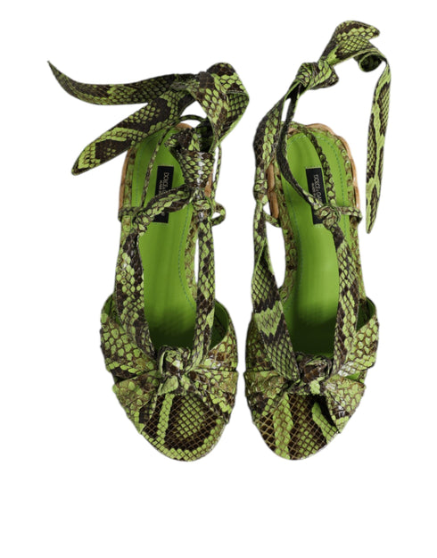Dolce & Gabbana Green Python Animal Print Ankle Wrap Flat Sandals for Women
