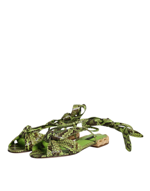 Dolce & Gabbana Green Python Animal Print Ankle Wrap Flat Sandals for Women