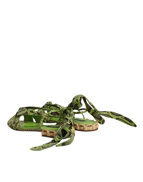 Dolce & Gabbana Green Python Animal Print Ankle Wrap Flat Sandals for Women