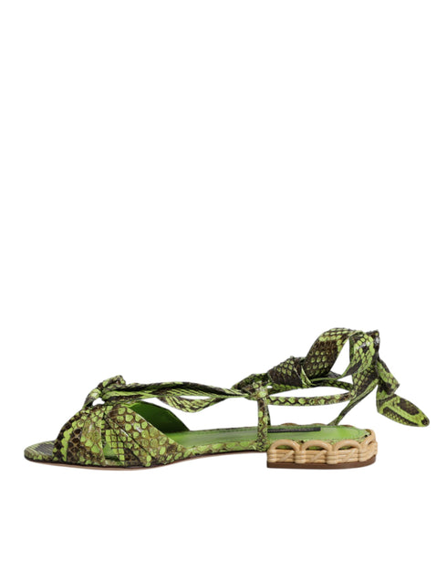 Dolce & Gabbana Green Python Animal Print Ankle Wrap Flat Sandals for Women