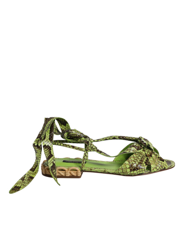 Dolce & Gabbana Green Python Animal Print Ankle Wrap Flat Sandals for Women