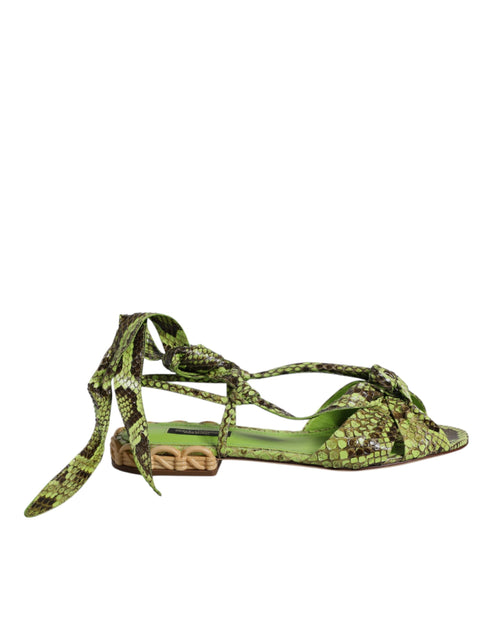 Dolce & Gabbana Green Python Animal Print Ankle Wrap Flat Sandals for Women