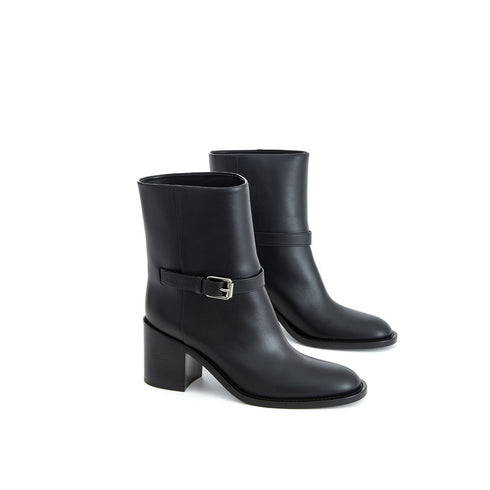 Burberry Ankle Boots – Black Leather Round Toe with Logo Buckle – Women’s