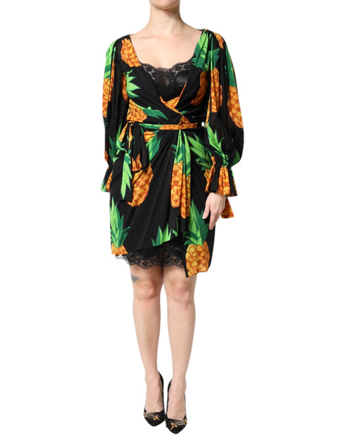 Dolce & Gabbana Black Silk Pineapple Draped Print Wrap Dress