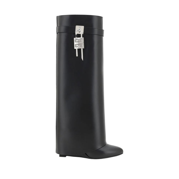 Givenchy Shark Lock Boots Black Calf Leather Almond Toe Wedge for Women