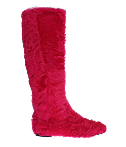 Dolce & Gabbana Pink Lamb Fur Leather Flat Boots for Women