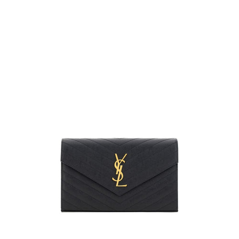 Saint Laurent Logoed Shoulder Bag – Black Textured Leather Envelope Purse for Women