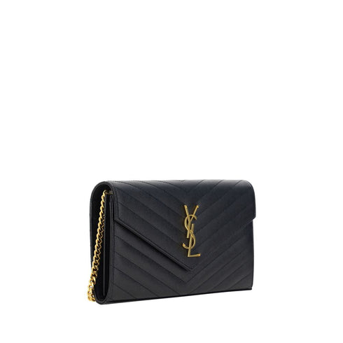 Saint Laurent Logoed Shoulder Bag – Black Textured Leather Envelope Purse for Women