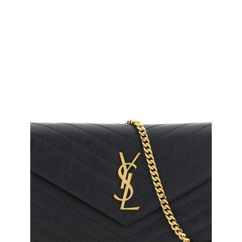 Saint Laurent Logoed Shoulder Bag – Black Textured Leather Envelope Purse for Women