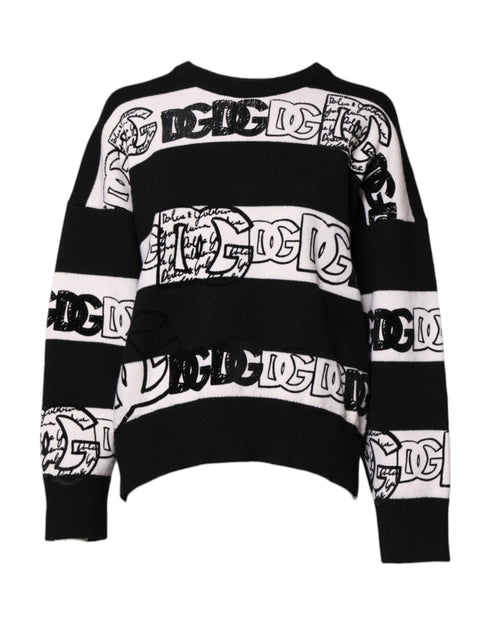 Dolce & Gabbana Black White Logo Print Wool Pullover Sweater