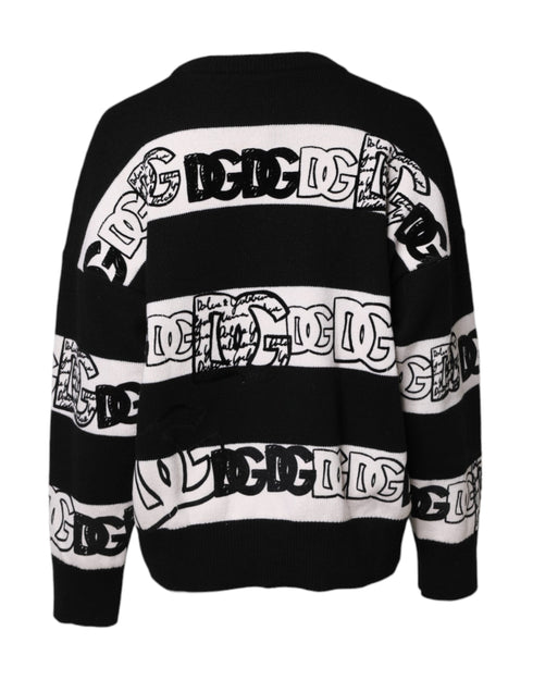 Dolce & Gabbana Black White Logo Print Wool Pullover Sweater