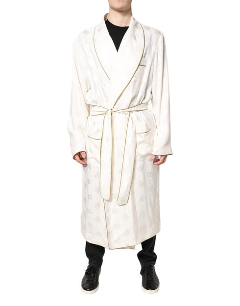 Dolce & Gabbana Ivory Silk Logo Men Wrap Robe Coat Jacket