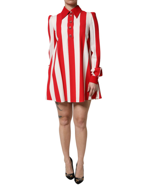 Dolce & Gabbana White Red Stripes Long Sleeves Mini Dress