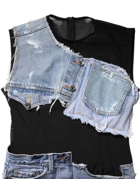 Dolce & Gabbana Black Blue Sleeveless Denim Mini Dress