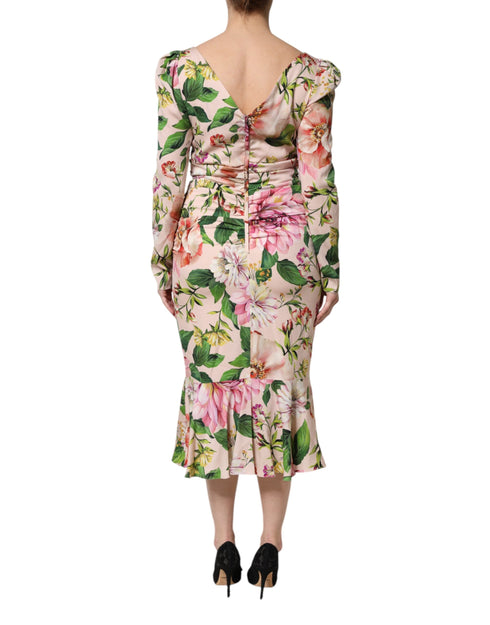 Dolce & Gabbana Pink Floral Silk Fit And Flared Midi Dress