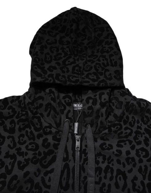 Dolce & Gabbana Black Leopard Full Zip Hooded Sweatshirt Sweater