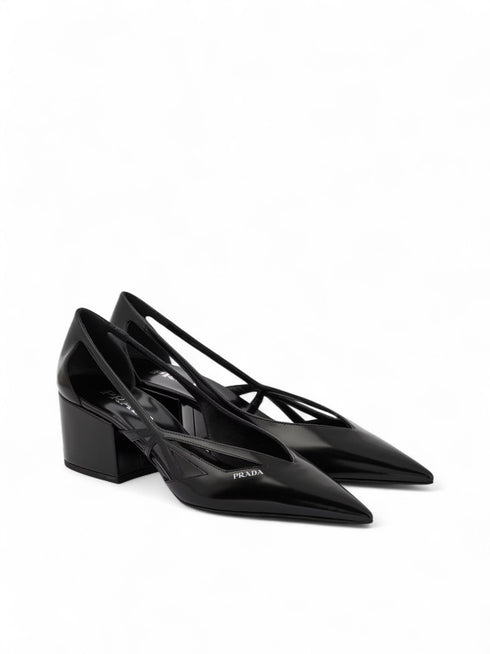 Prada Black Leather Cut-Out Pumps – Slingback 55 mm Block Heel Shoes - Women’s