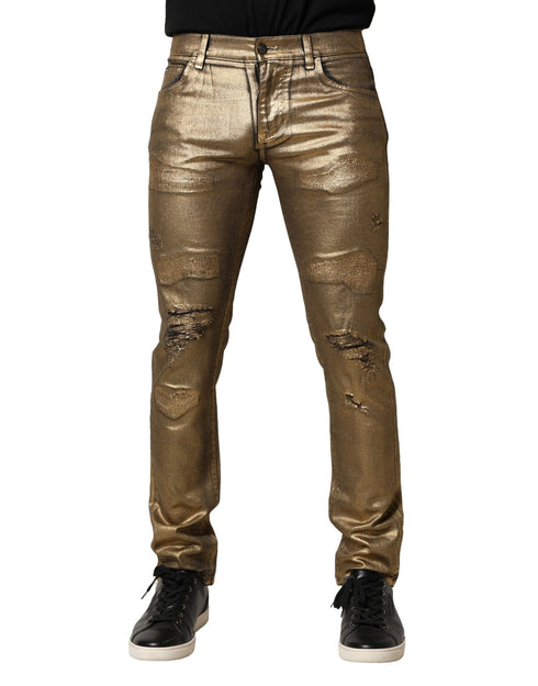 Dolce & Gabbana Gold Tattered Cotton Stretch Slim Denim Jeans