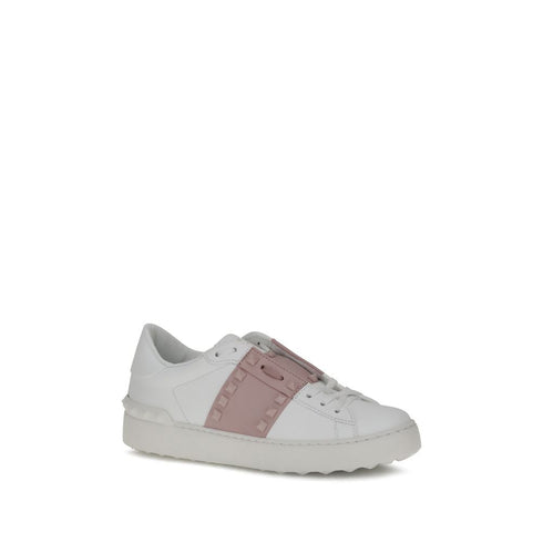Valentino Garavani Rockstud Untitled Women's White Leather Sneakers with Pink Stud Band