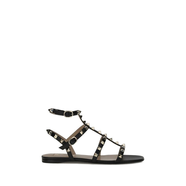 Valentino Garavani Rockstud Gladiator Sandals for Women – Black Calf Leather Flats