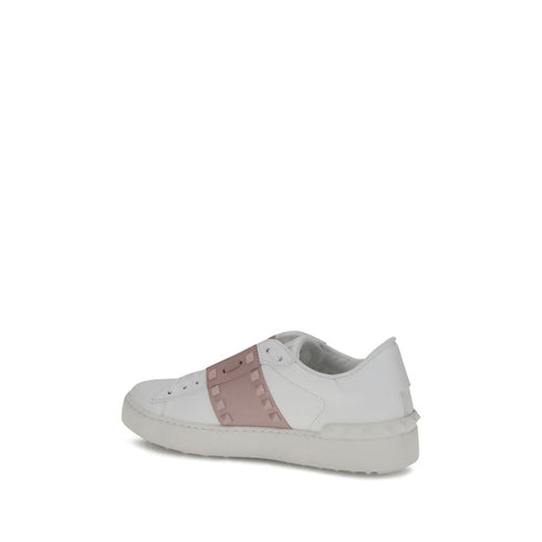 Valentino Garavani Rockstud Untitled Women's White Leather Sneakers with Pink Stud Band