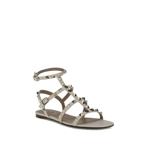 Valentino Garavani Rockstud Gladiator Sandals for Women – Ivory Off-White Calf Leather Flats
