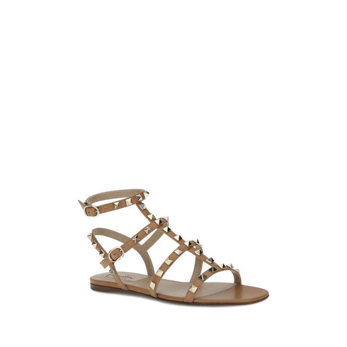 Valentino Garavani Rockstud Gladiator Sandals for Women – Brown Calf Leather Flats