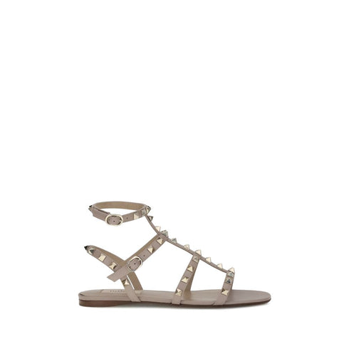 Valentino Garavani Rockstud Gladiator Sandals for Women – Beige Calf Leather Flats