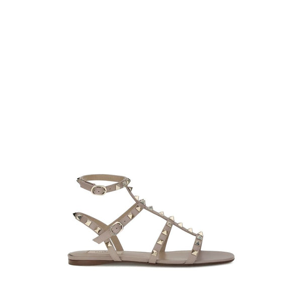 Valentino Garavani Rockstud Gladiator Sandals for Women – Beige Calf Leather Flats