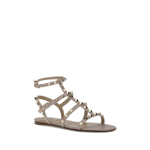Valentino Garavani Rockstud Gladiator Sandals for Women – Beige Calf Leather Flats